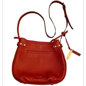 LODIS Solange Red Leather Crossbody.  Bag is 10” L x 11”w, Drop is 20” to 25”